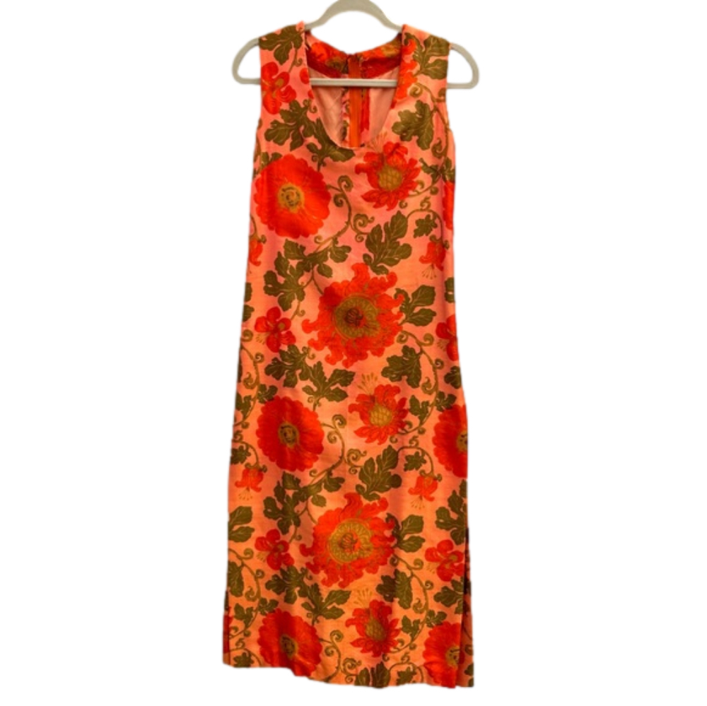 Vintage Handmade Hand-sewn Tropical Floral Silk Long Shirt High Slit Midi XS*